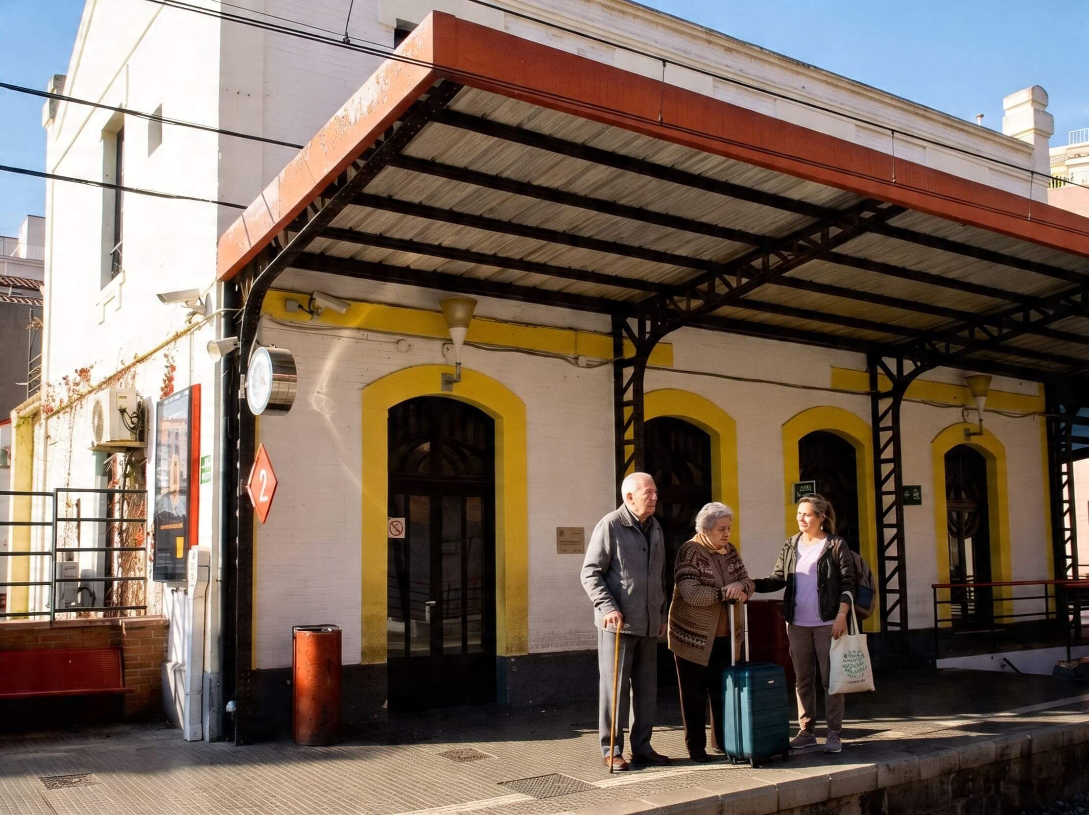Cuidadora de personas mayores profesional de Bonadea Care acompañando a dos personas mayores en la estación de Cerdanyola del Vallés
