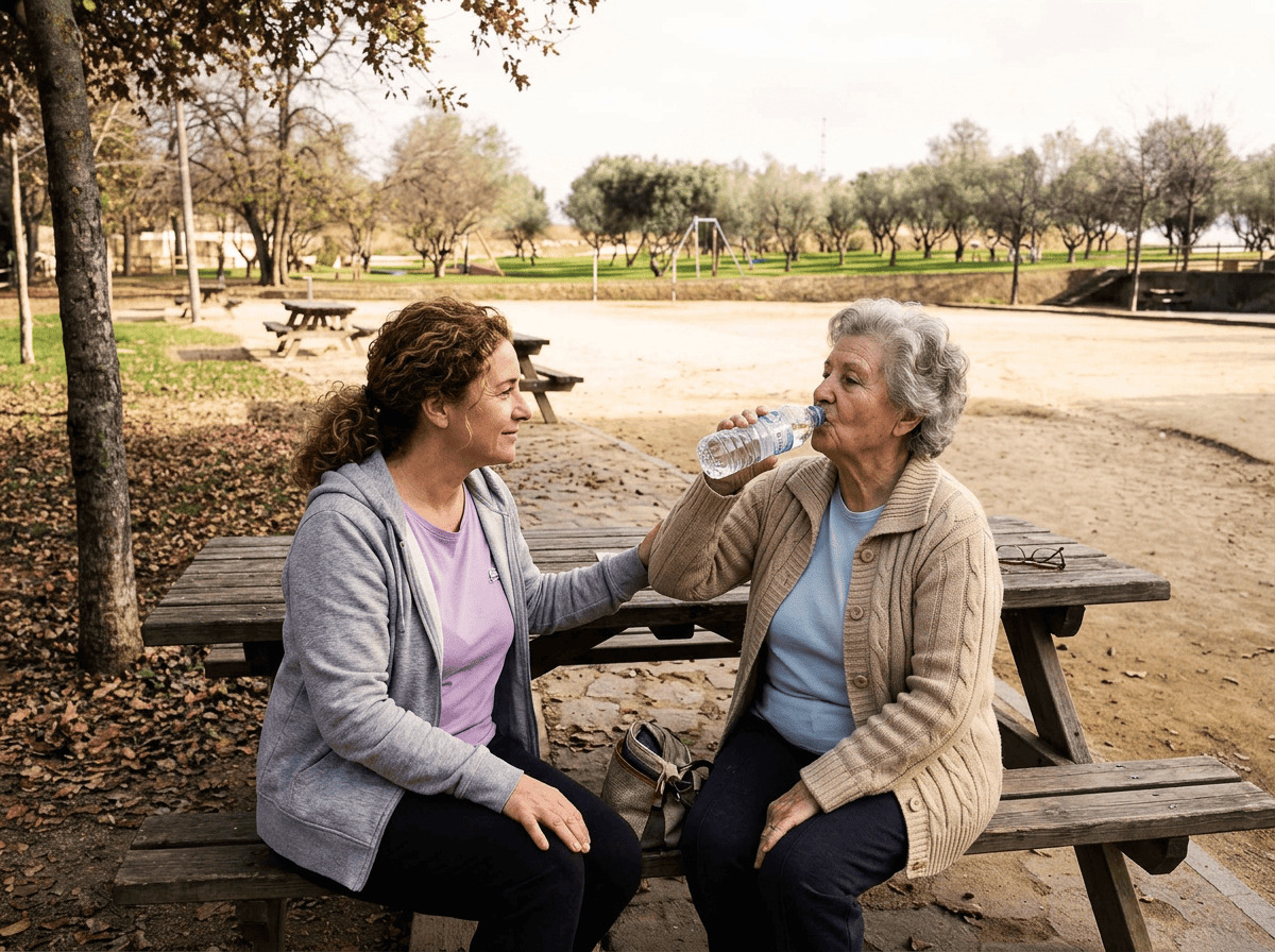 Cuidadora profesional de personas mayores atendiendo en el parque de Rubí