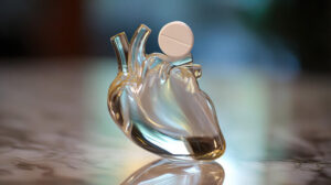 Representación de un corazón de cristal con una estatina en pastilla