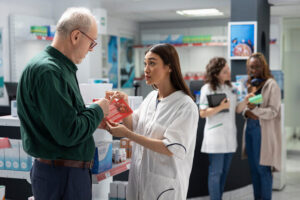 Anciano con médico en hospital explicándole problemas del colesterol