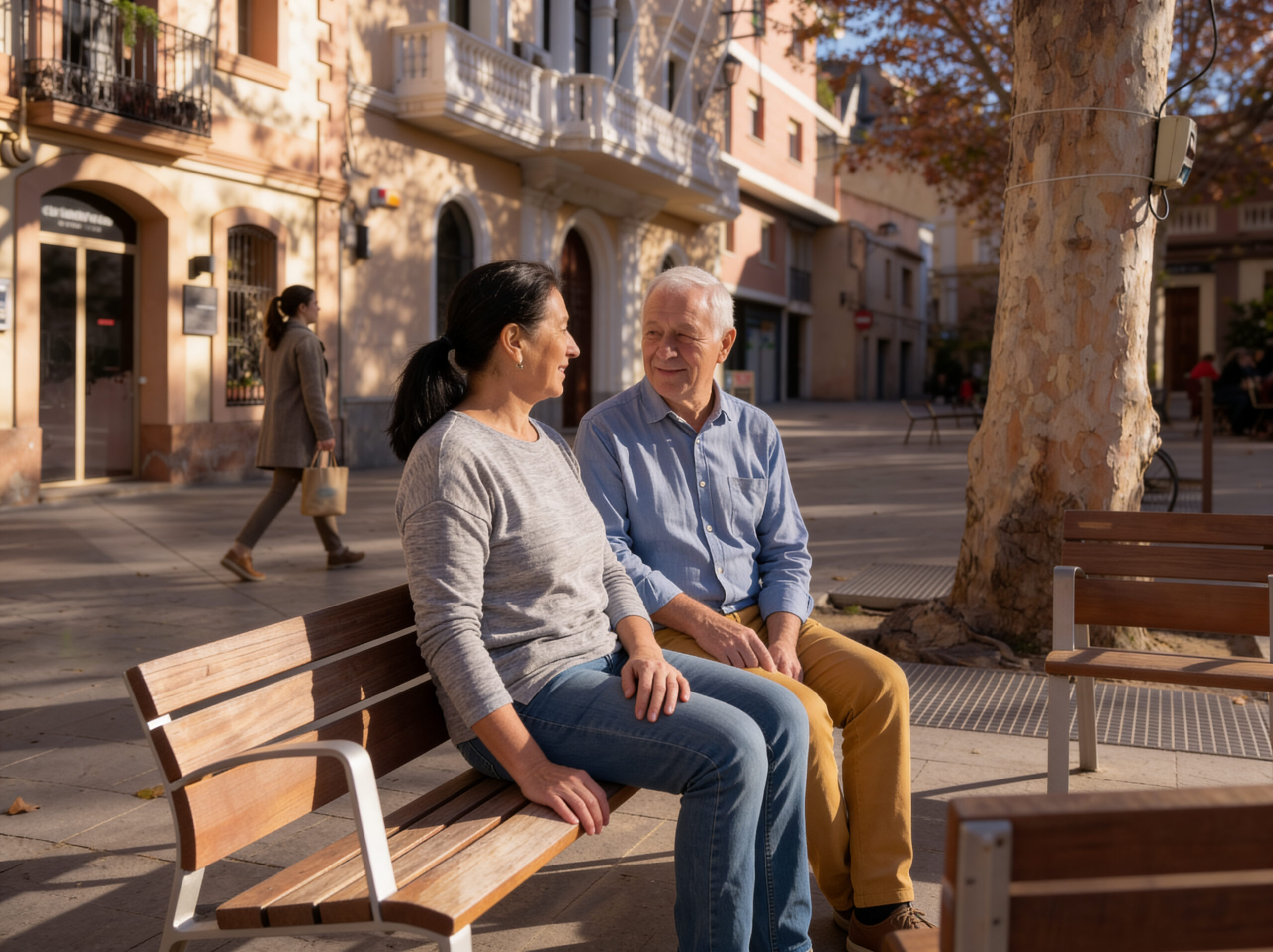 Cuidadora profesional de personas mayores de Bonadea Care, acompañando a una persona mayor en Sant Cugat del Vallés, sentados en un banco y conversando plácidamente.