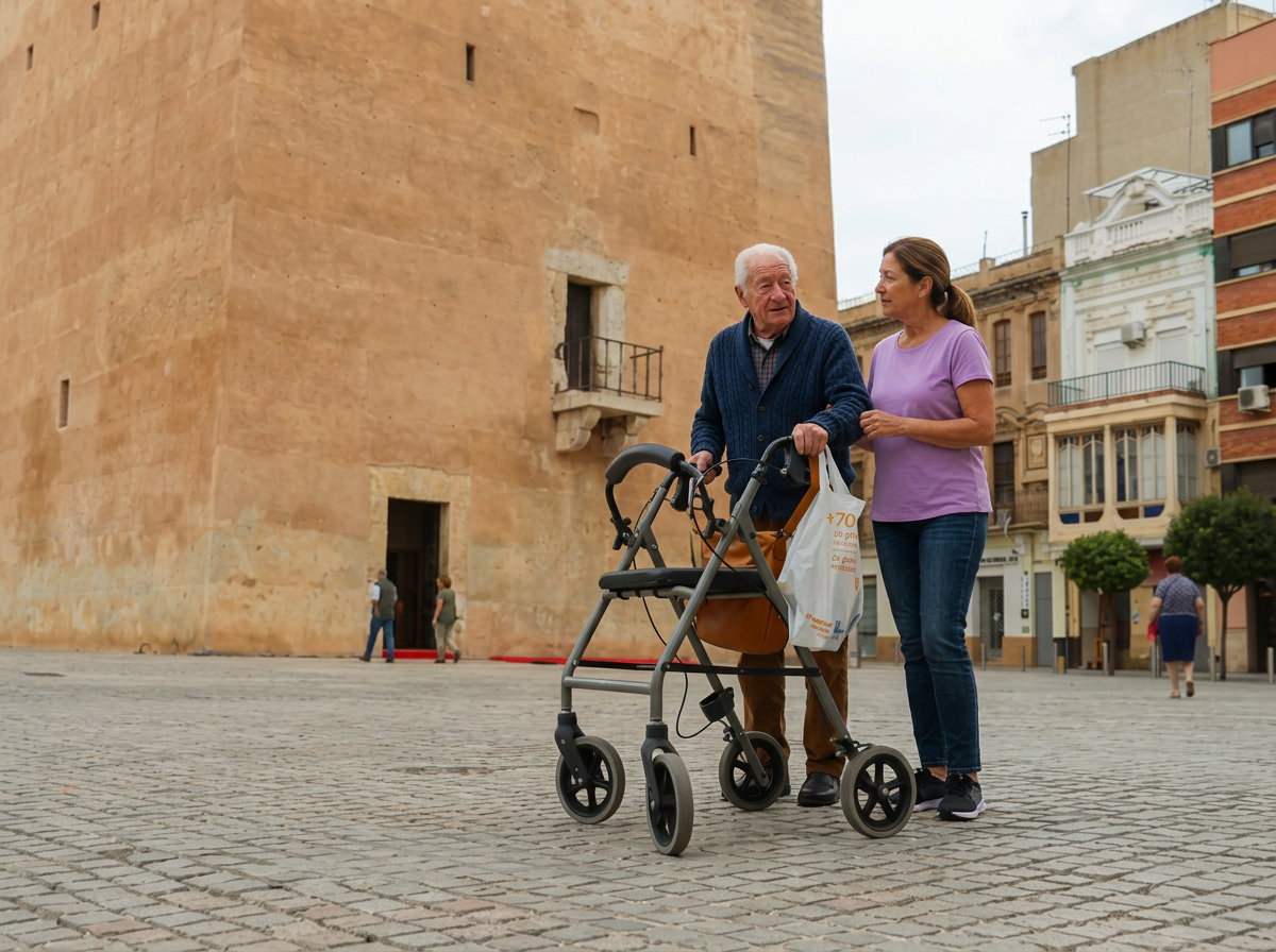 Cuidadora profesional de personas mayores de Bonadea Care acompañando a una persona mayor por las calles de Torrent (Valencia)
