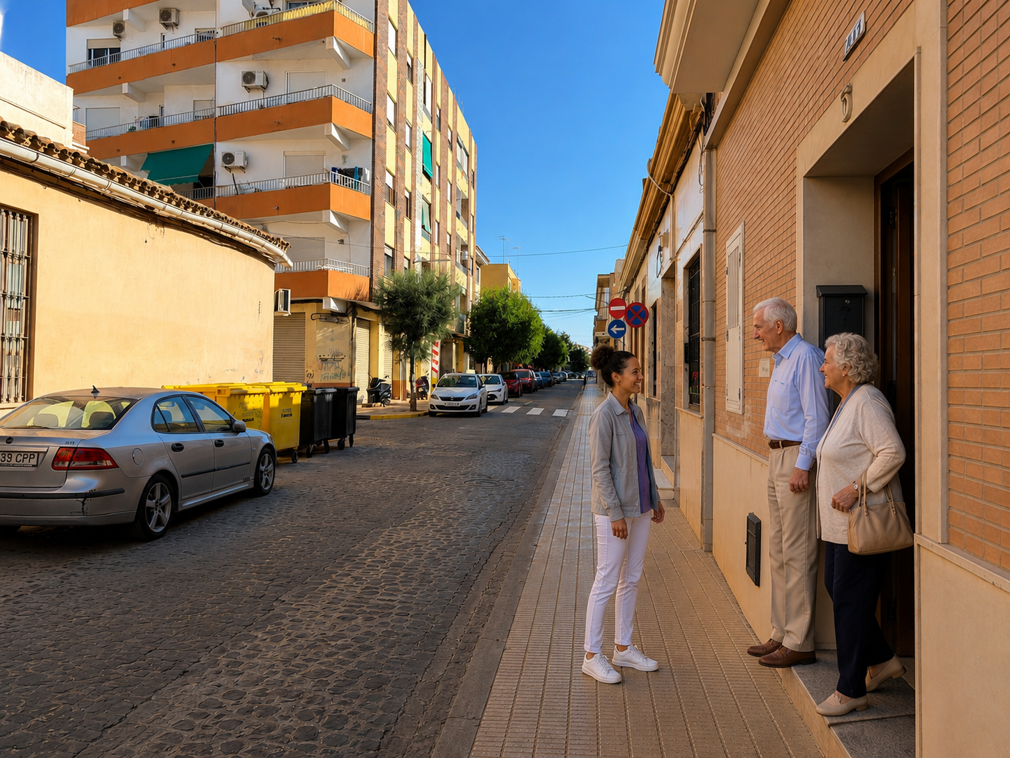 Cuidadora profesional de Bonadea Care acompañando a una persona mayor por las calles de Catarroja (Valencia)