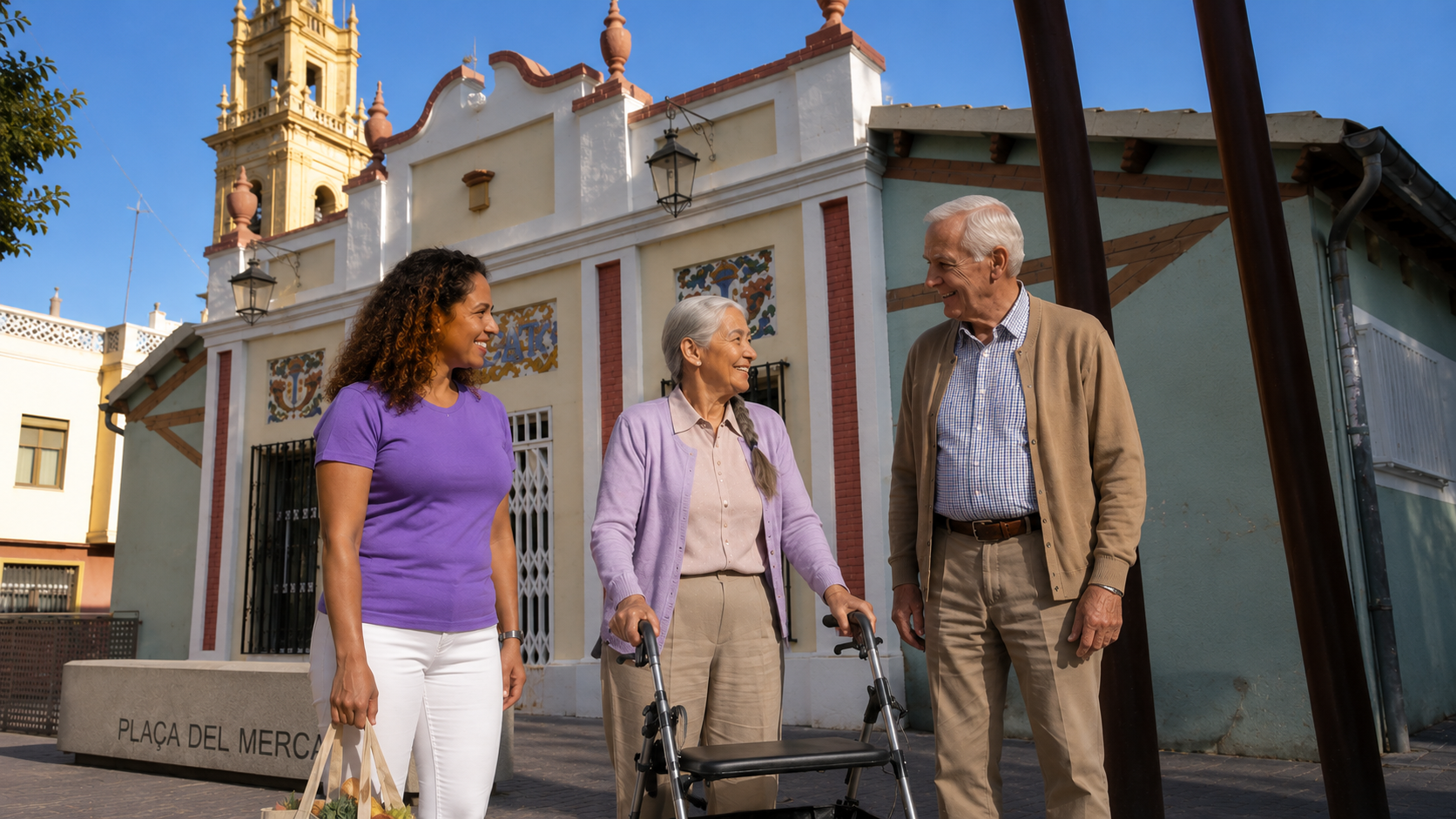 Cuidadora profesional por horas de Bonadea Care acompañando a una persona mayor por las calles de Albal (Valencia)