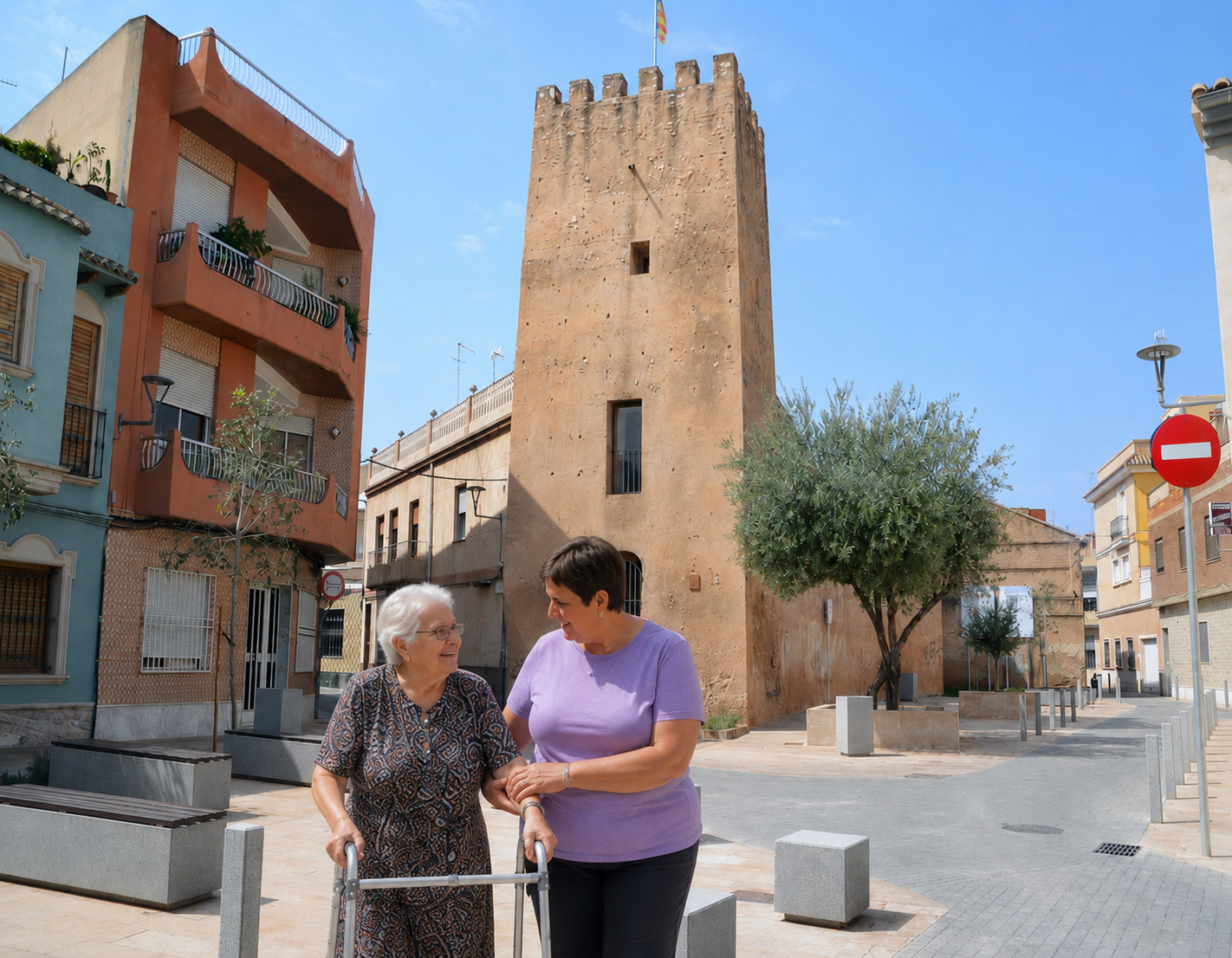 Cuidadora profesional de Bonadea Care acompañando a una persona mayor por las calles de Albal (Valencia)