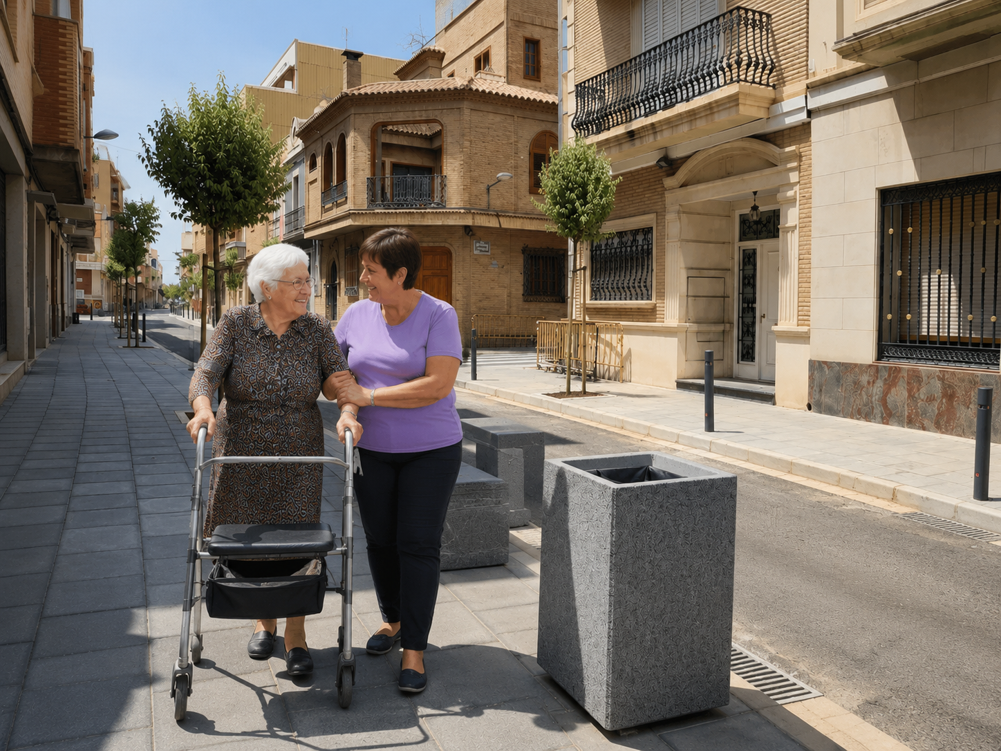 Cuidadora profesional de Bonadea Care acompañando a una persona mayor por las calles de Albal (Valencia)