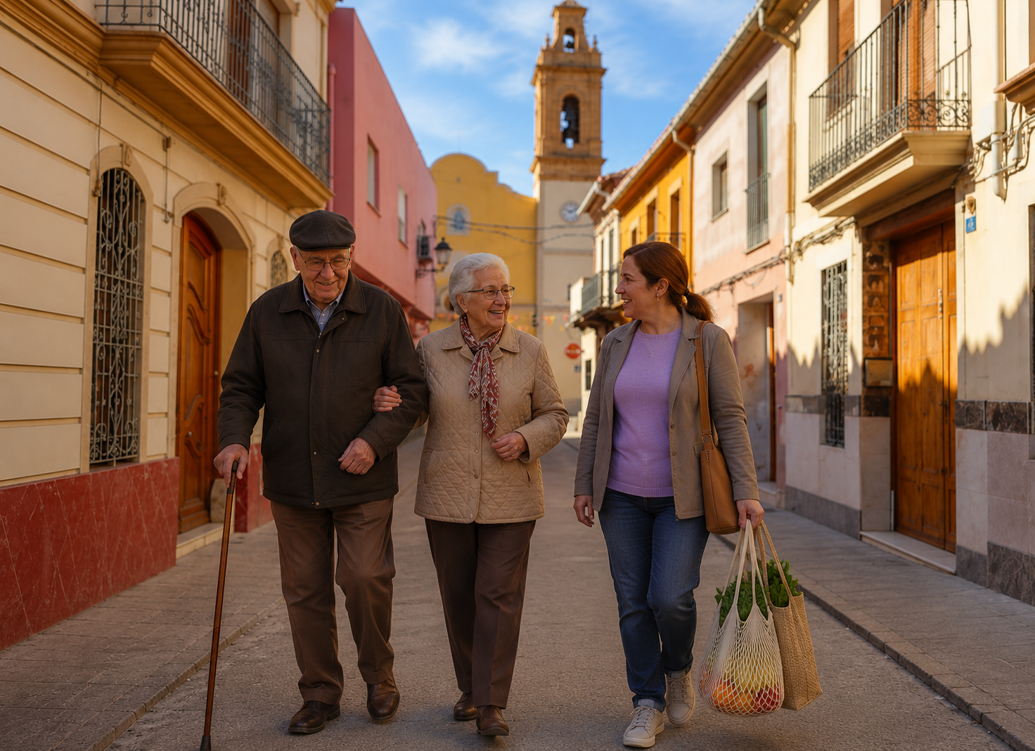 Cuidadora profesional de Bonadea Care acompañando a una persona mayor por las calles de Beniparrell (Valencia)