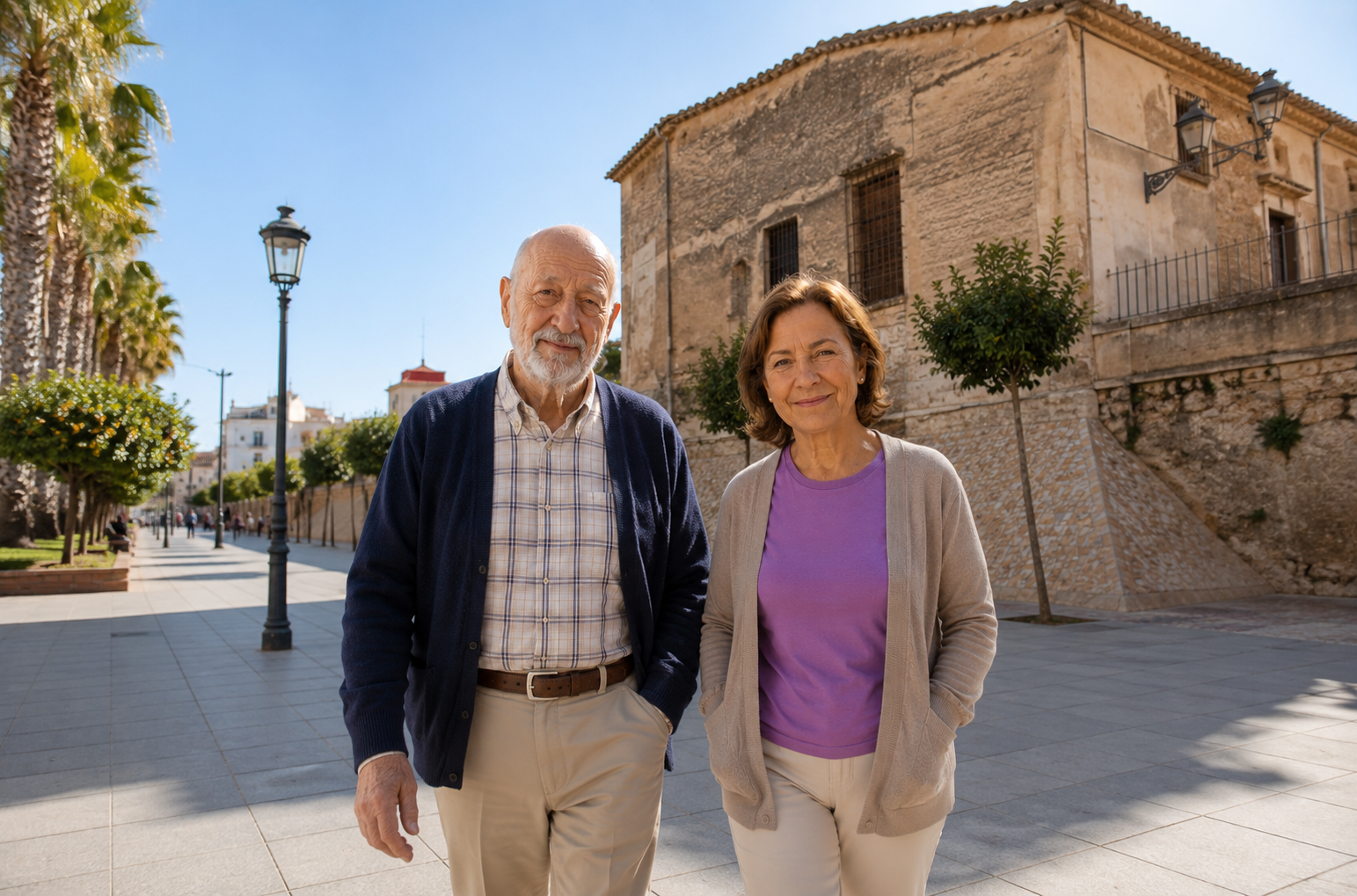 Cuidadora profesional de Bonadea Care acompañando a una persona mayor por las calles de Burjassot (Valencia)