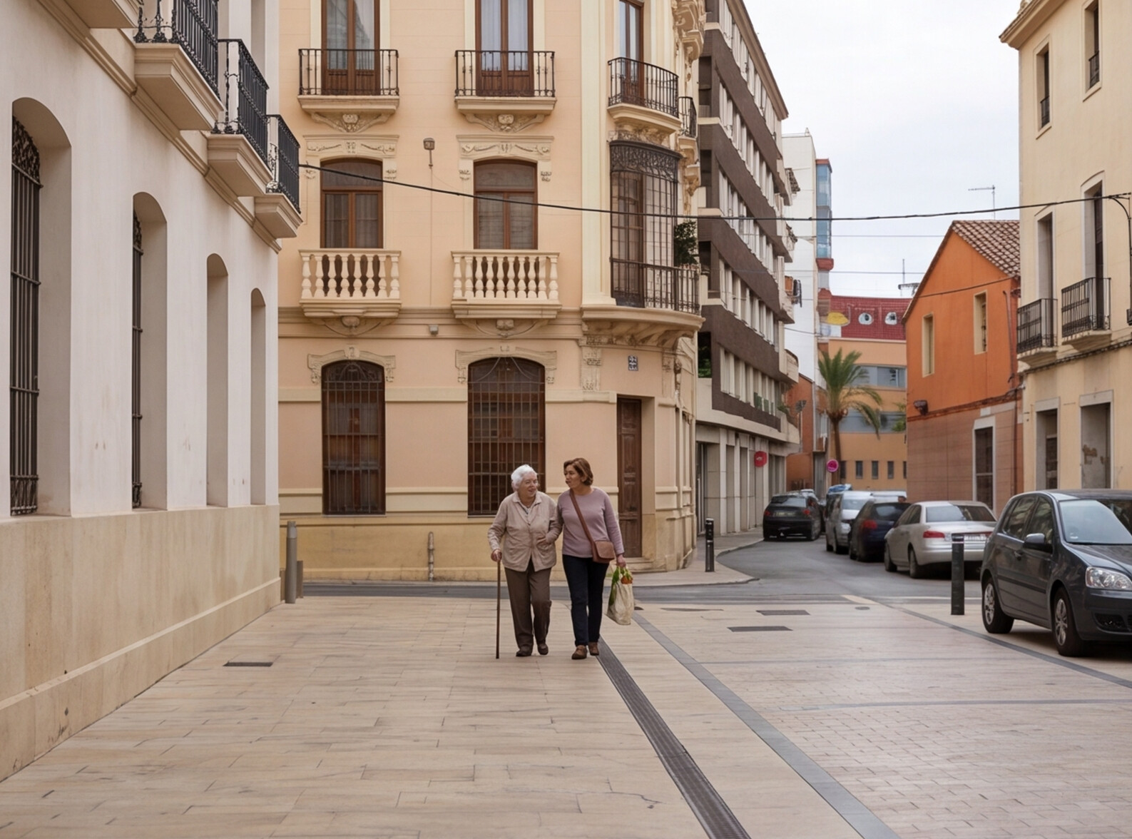Cuidadora profesional de Bonadea Care acompañando a una persona mayor por las calles de Alfafar (Valencia)