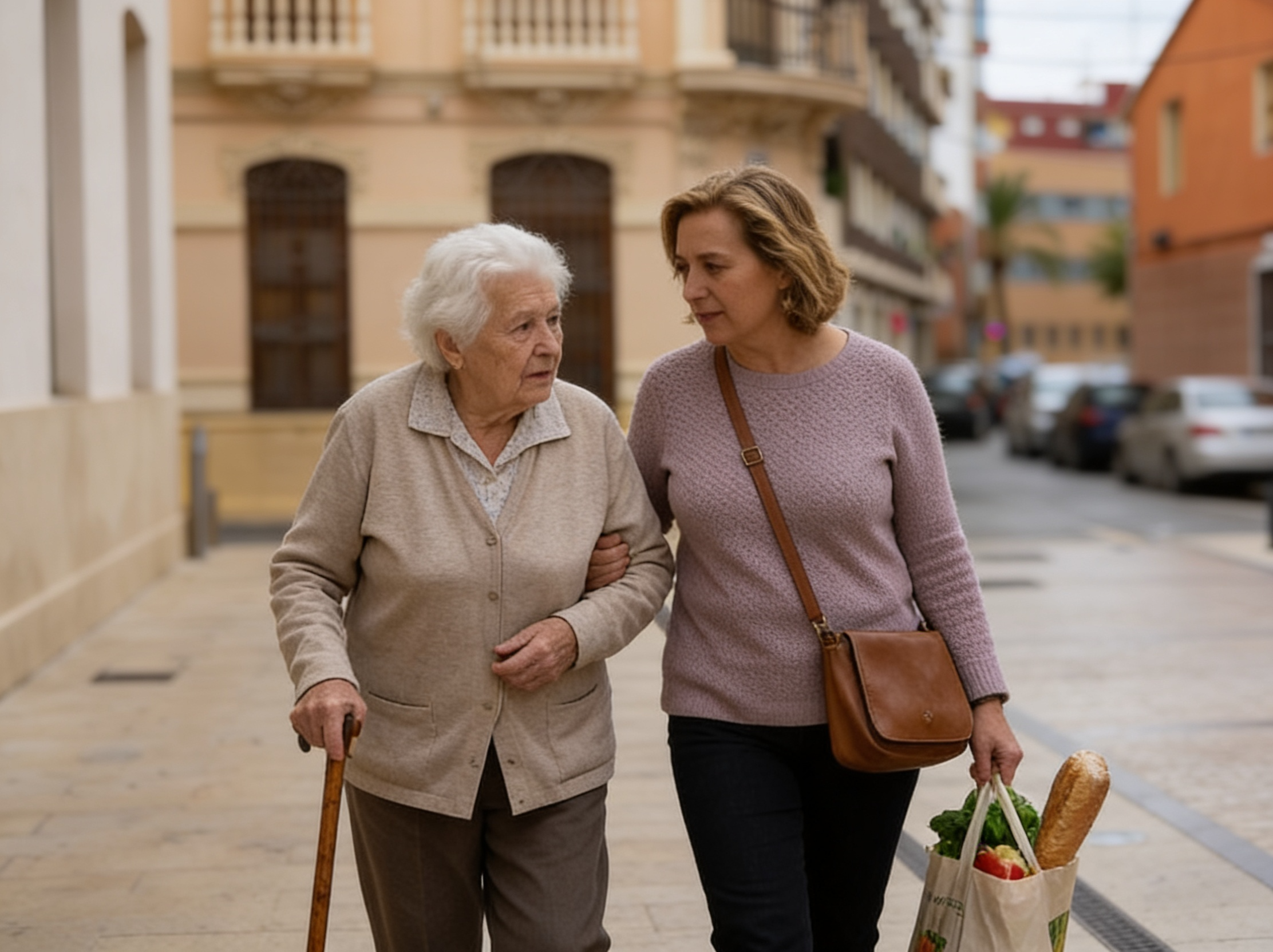 Cuidadora profesional por horas de Bonadea Care acompañando a una persona mayor por las calles de Alfafar (Valencia)