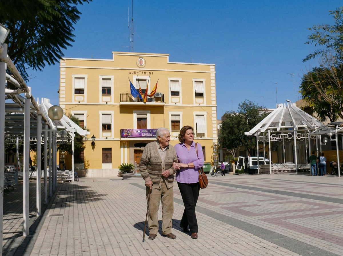 Cuidadora profesional de Bonadea Care acompañando a una persona mayor por las calles de Benetúser (Valencia)