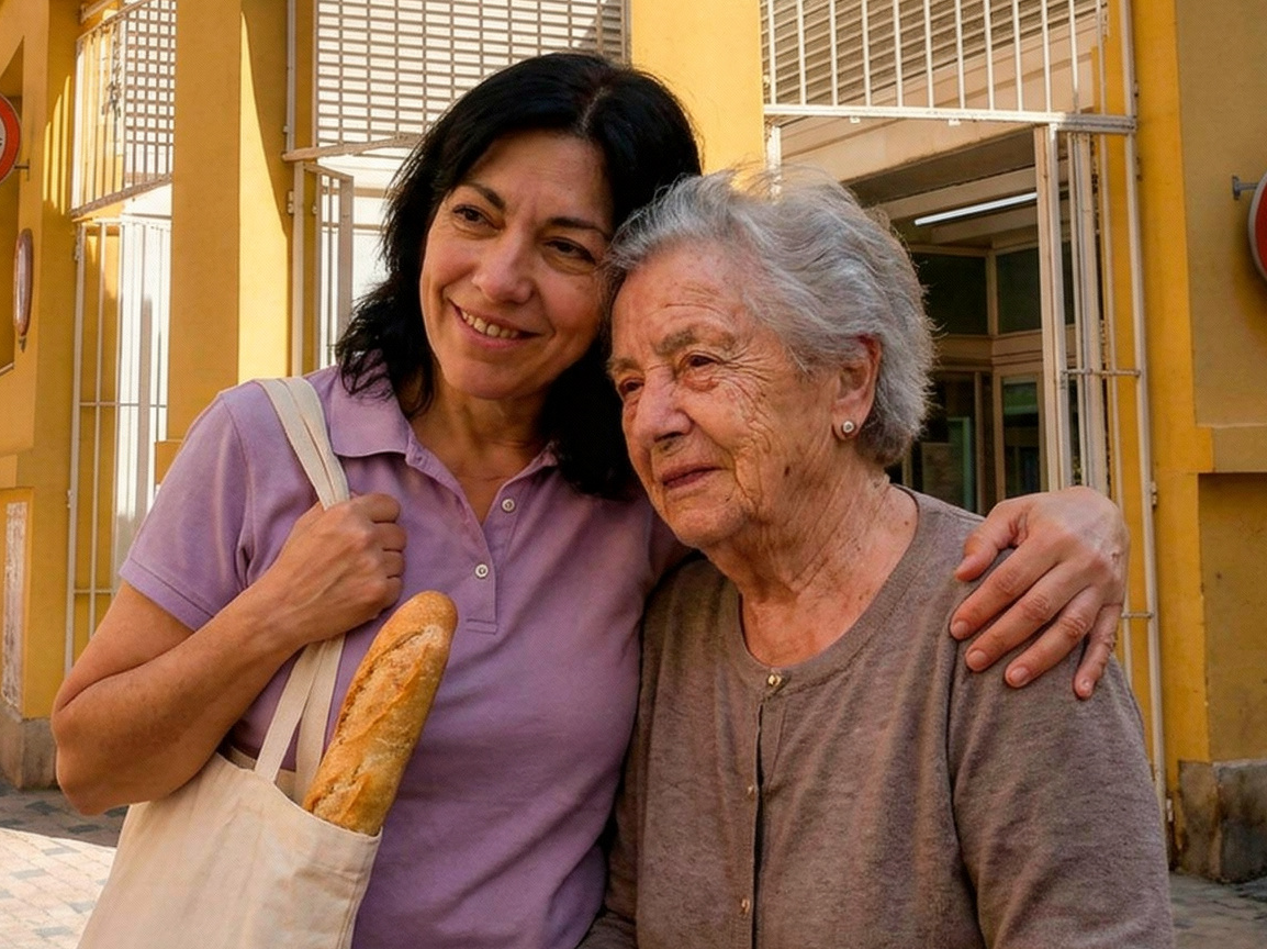 Cuidadora profesional por horas de Bonadea Care acompañando a una persona mayor por las calles de Sedaví (Valencia)