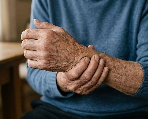 Anciano sujetándose la mano con dolor