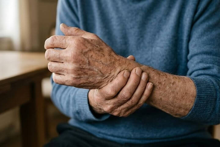 Anciano sujetándose la mano con dolor